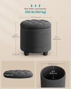 SONGMICS Round Ottoman with Storage, Vanity Stool, Linen-Look Fabric | Upholstered Foot Stool, 17.7 x 17.7 x 17.5 Inches, Removable Lid, Easy Assembly, Slate Gray, MACEO Collection ULOM011G01