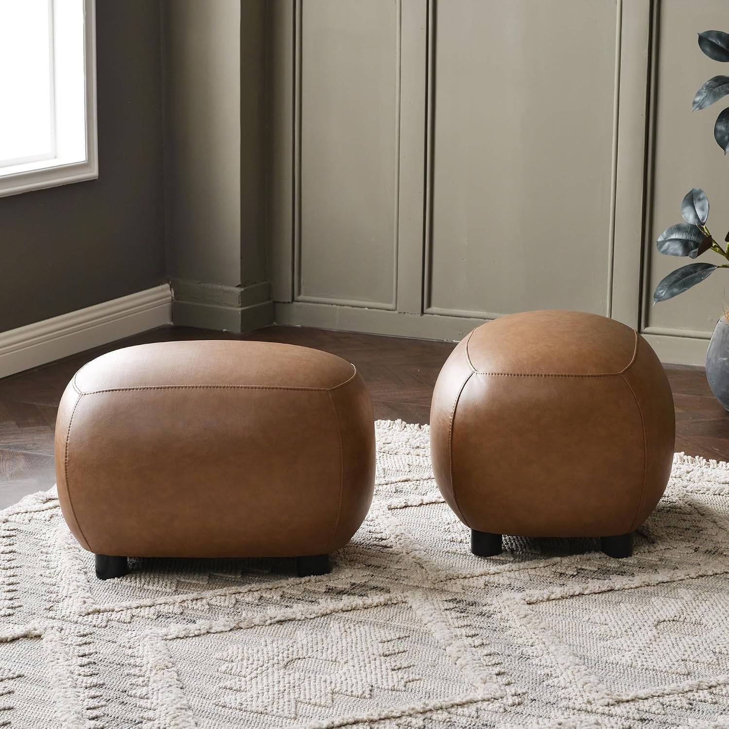 KINWELL 23" Wide Faux Leather Upholstered Ottoman Set of 2, Camel | Living Room Footrest with Soft Padded Seat, Mid-Century Modern Entryway Footstool for Bedroom, Entryway or Living Room