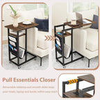 Giantex C Shaped End Table with Charging Station, 27’’H Slide Under Couch Side Table w/Wheels, Outlets & USB Ports, Storage Bag, Small Laptop Sofa TV Tray C Table for Living Room, Rustic Brown