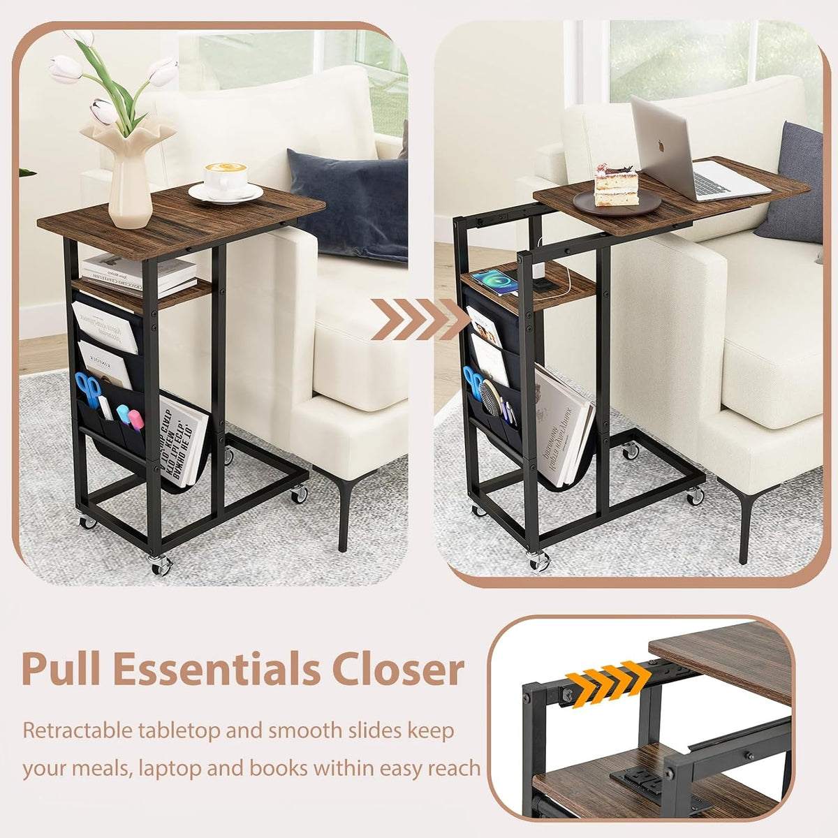 Giantex C Shaped End Table with Charging Station, 27’’H Slide Under Couch Side Table w/Wheels, Outlets & USB Ports, Storage Bag, Small Laptop Sofa TV Tray C Table for Living Room, Rustic Brown