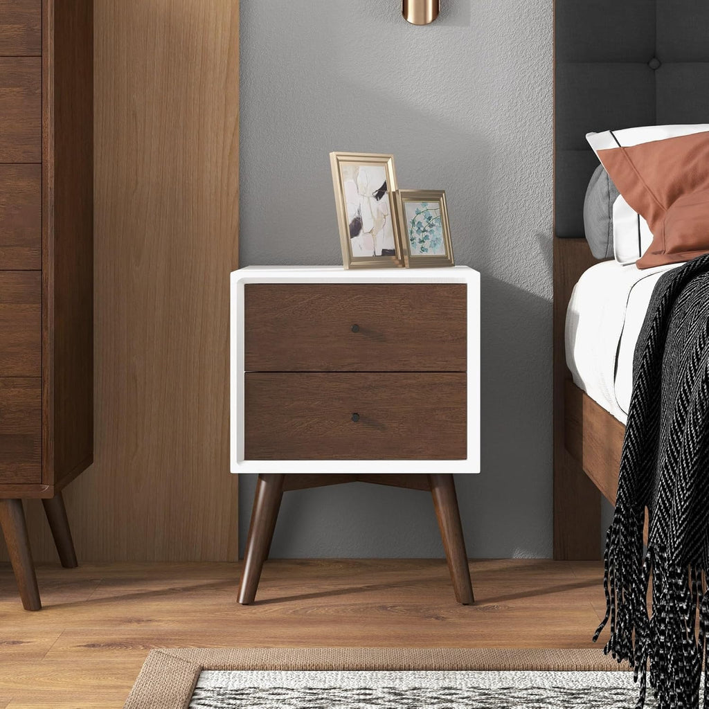 Mid Century Modern Style 2-Drawer White Night Stand Solid Wood 23.6" H,for Small Spaces