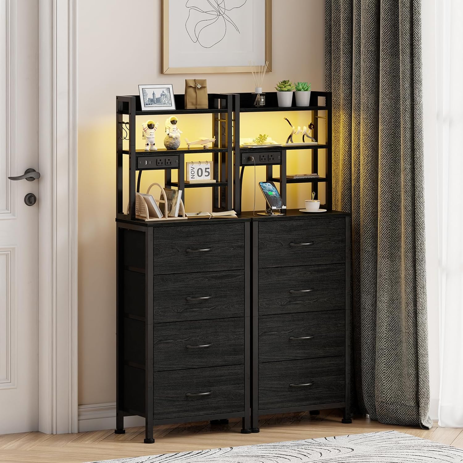 Furnulem Tall Nightstand, LED Night Stand with Charging Station | USB Ports, 4 Fabric Drawers and 4 Tier Storage Shelf, Nightstands Bedside Tables for Bedroom, Dorm, Office (Black Oak)