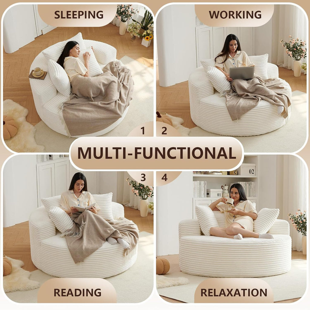 55"L Oversized Round Chair Lounge Chaise Indoor,Corduroy Deep Seat Cloud Large Circle Sofa Chair,No Assembly Required,Cloud Large Circle Chair,Fluffy Modern Sleeper Sofa Bed for Reading (White)