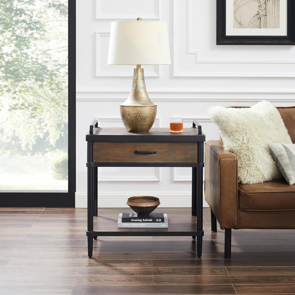 Art Leon Side Table - Mid Century Modern Night Stand, Bedside Table with Wood Drawer, End Table with Storage Shelf for Living Room, Walnut