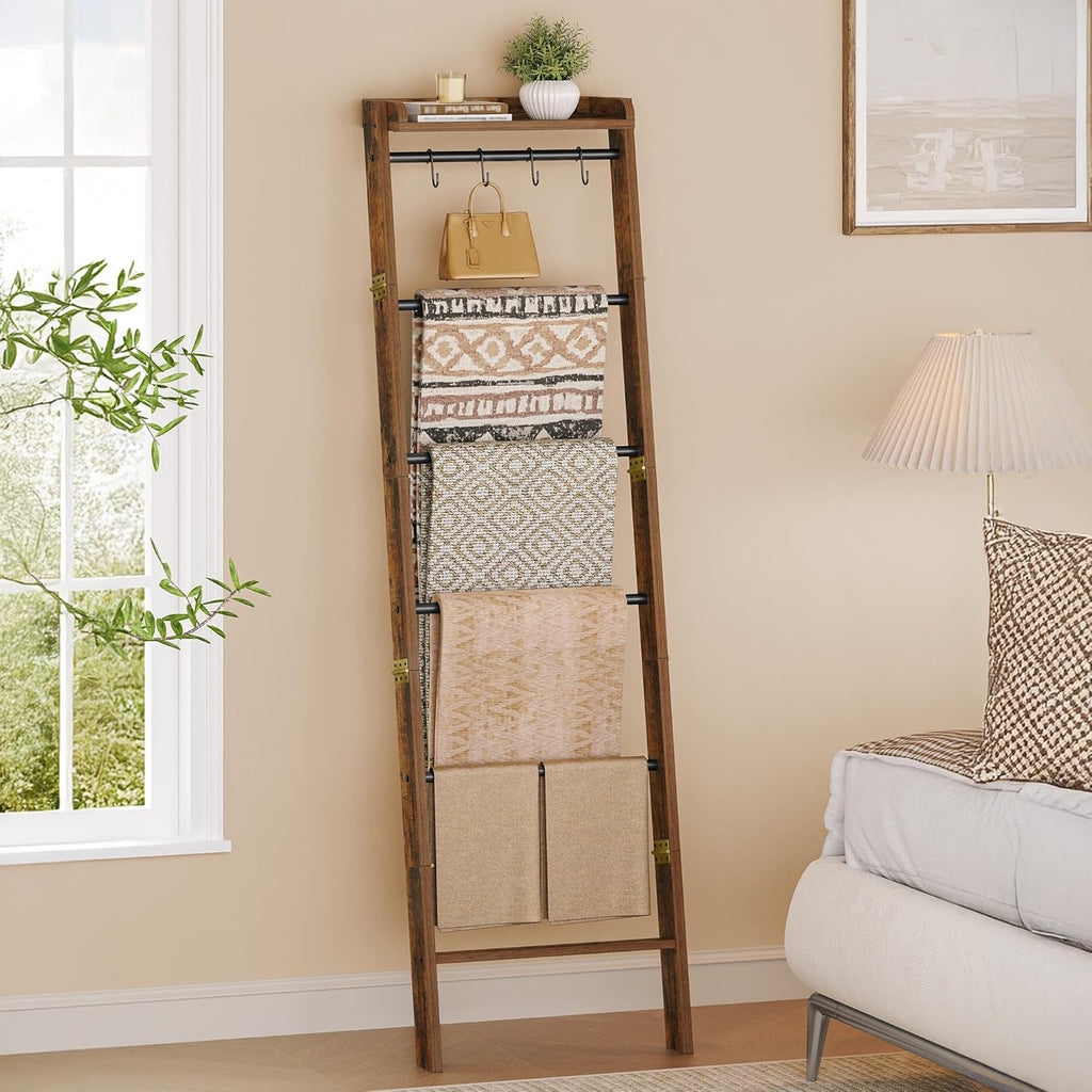 Hzuaneri Blanket Ladder Shelf, Decorative Quilt Rack, 7-Tier Farmhouse Ladder Holder Organizer with 4 Removable Hooks 7.9" D x 17.3" W x 66.9" H, Rustic Brown BR36801B