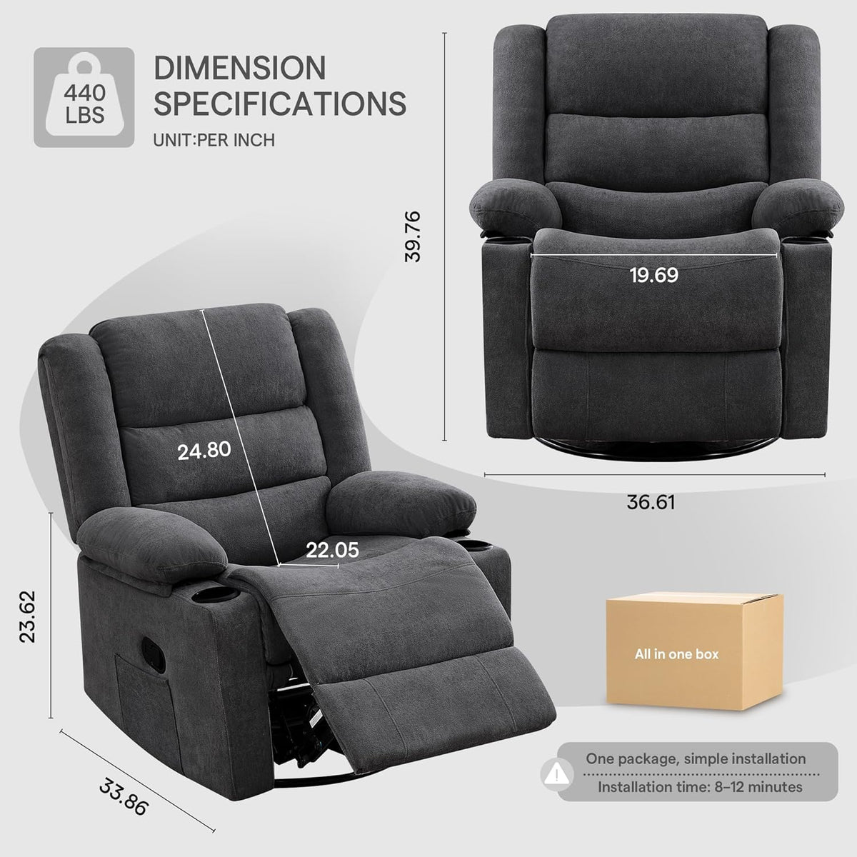 360°Swivel Rocking Chairs for Adult,Recliner Chair with Side Pockets and Cup Holders,Rocker Recliner with a Suitable for Living Rooms,Bedrooms,Grey