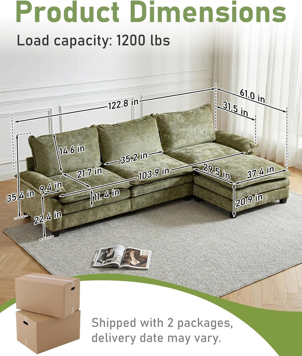 Karl home 122" 3-Seat L-Shaped Sectional Couch, Green | Movable Ottoman, Chenille Upholstered, Dual Padded, Wide Armrests, Washable Covers, For Living Room, Apartment, Office