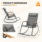 VINGLI Outdoor Rocking Chair, 450lbs Capacity Portable Outdoor Rocker with Footrest, Hard Armrests, Pillow, All Weather Porch Rocker for Garden, Living Room, Patio, Lawn (Black&Gray, with footrest)