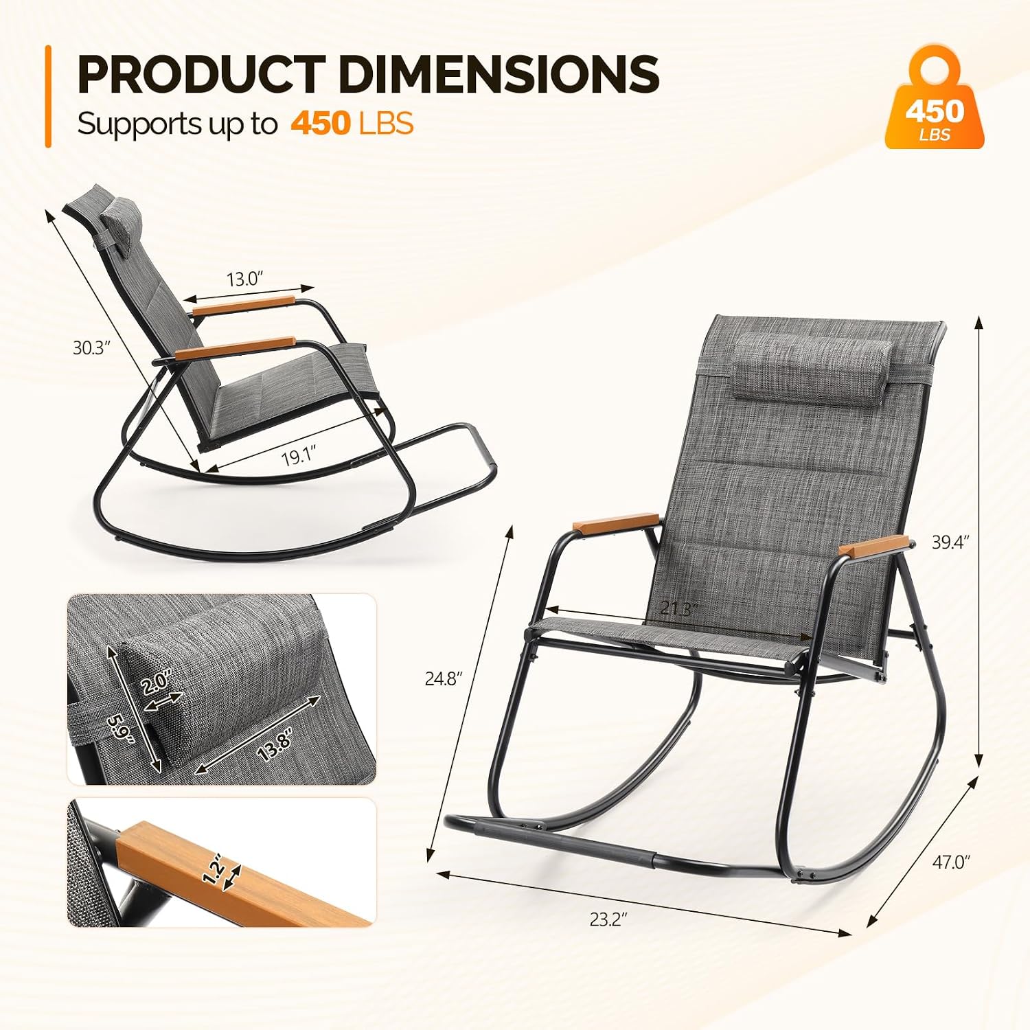 VINGLI Outdoor Rocking Chair, 450lbs Capacity Portable Outdoor Rocker with Footrest, Hard Armrests, Pillow, All Weather Porch Rocker for Garden, Living Room, Patio, Lawn (Black&Gray, with footrest)