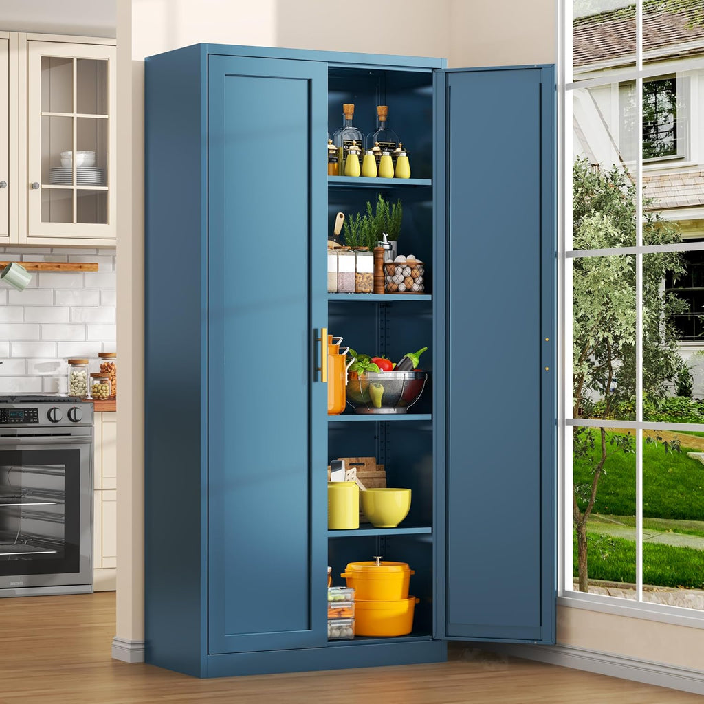 CJF Blue Kitchen Pantry Cabinet,71 Inch Tall Metal Storage Cabinet with 4 Adjustable Shelves and Doors, Freestanding Pantry Cabinet for Kitchen, Living Room, Dining Room, Bathroom, Easy to Assemble