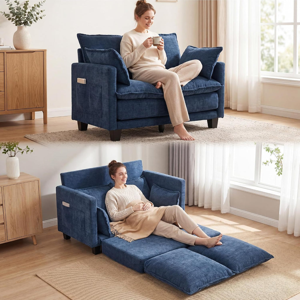 49" Loveseat Sofa Bed, 2 in 1 Convertible Small Sofa Pull Out Couch Bed Chenille Deep 2 Seat Sleeper Twin XL Futon Mattress for Small Spaces Living Room Bedroom Apartment Office, Blue