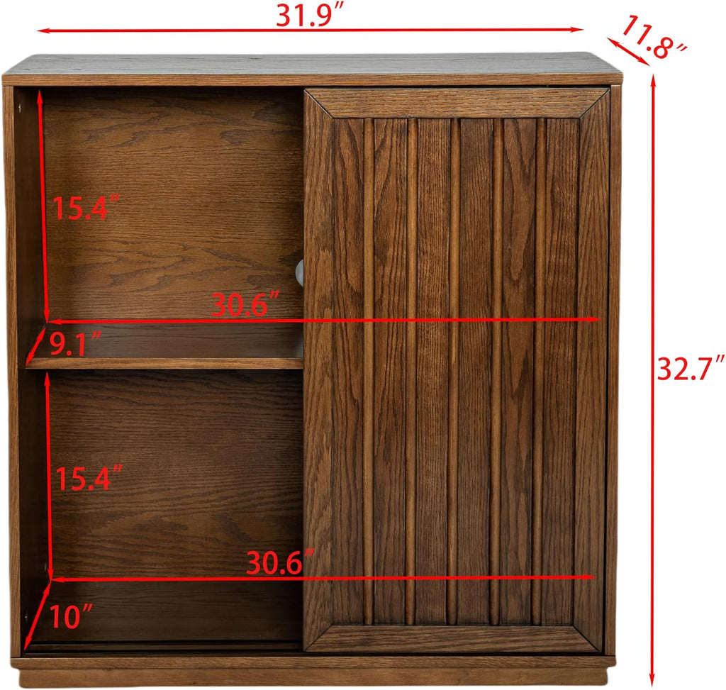 Mid Century Modern Sideboard Cabinet | Slim Fluted Credenza with Sliding Doors | Narrow Storage Buffet Console Table for Small Spaces, Living Room, Entryway, Kitchen (Walnut, 32")