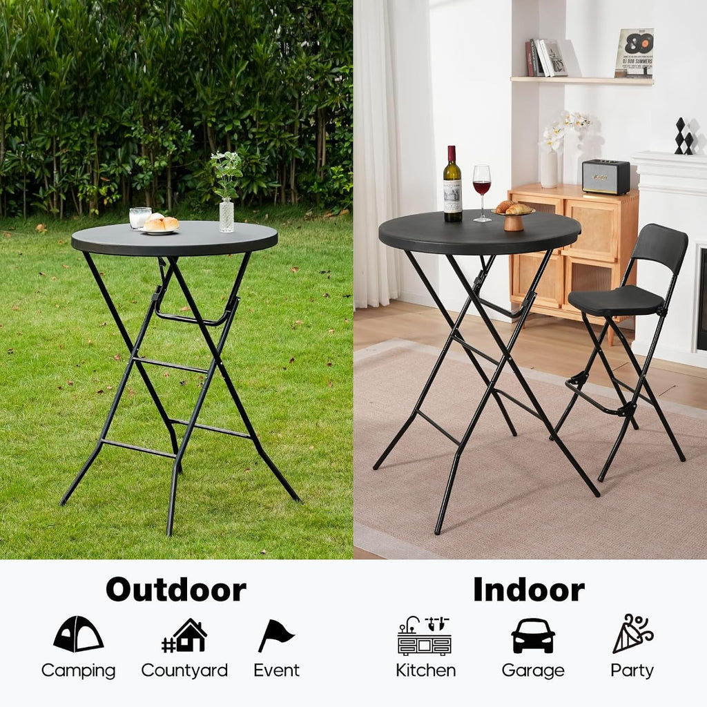 32" Round Folding Table, Portable Bar Height Folding Table with Detachable Legs, Round Foldable Table with HDPE Top for Standing Parties, Balcony, Event, Indoor Outdoor Use (Black, 2 Pack)