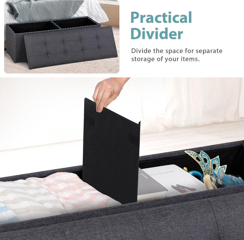 SUPER DEAL 43 Inches Folding Storage Ottoman Bench, Ottoman Foot Rest, Storage Chest, 660 lbs Load Capacity, End of Bed Bench with Divider for Living Room, Bedroom, Entryway, Linen Fabric, Dark Grey