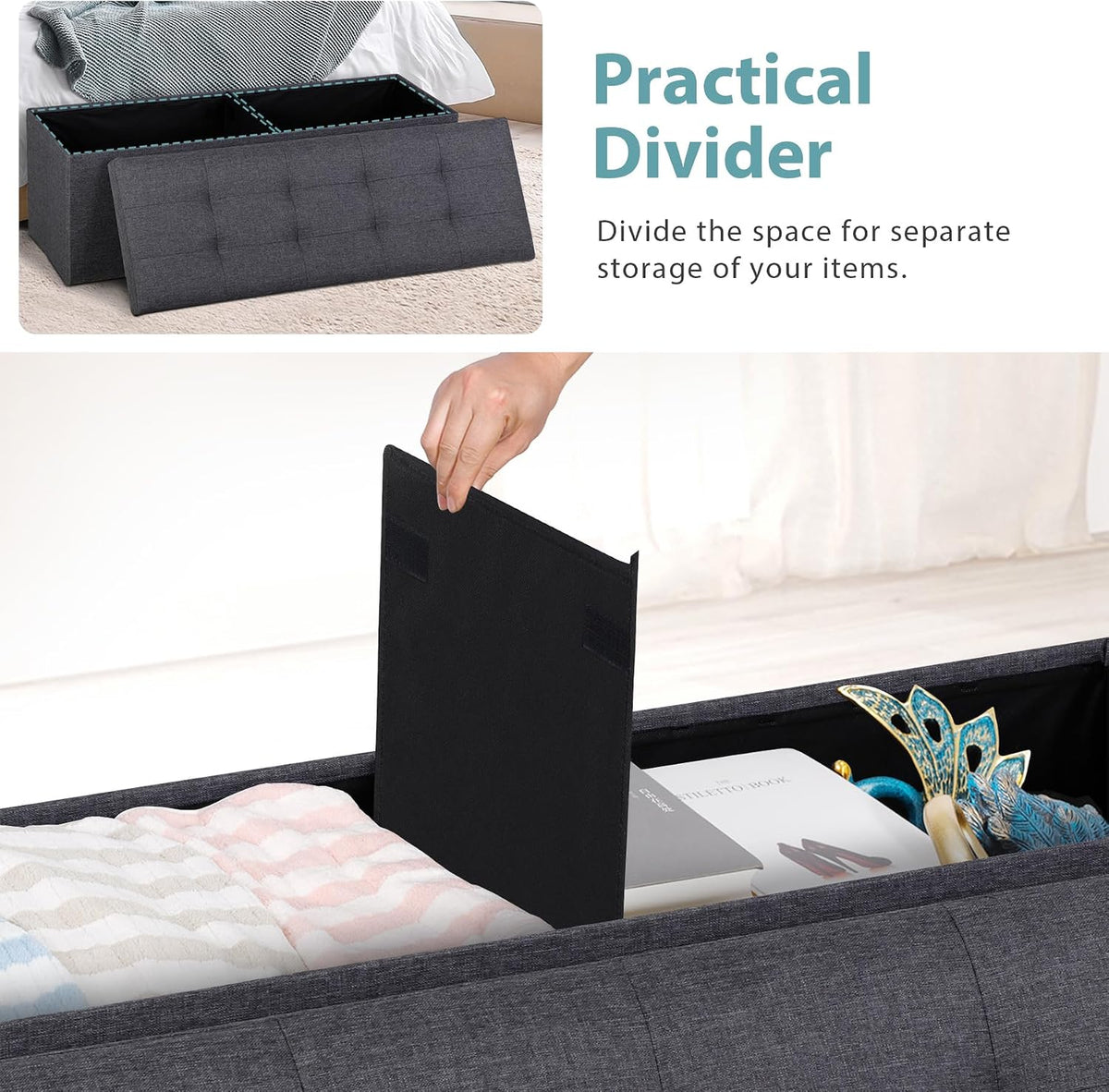 SUPER DEAL 43 Inches Folding Storage Ottoman Bench, Ottoman Foot Rest, Storage Chest, 660 lbs Load Capacity, End of Bed Bench with Divider for Living Room, Bedroom, Entryway, Linen Fabric, Dark Grey