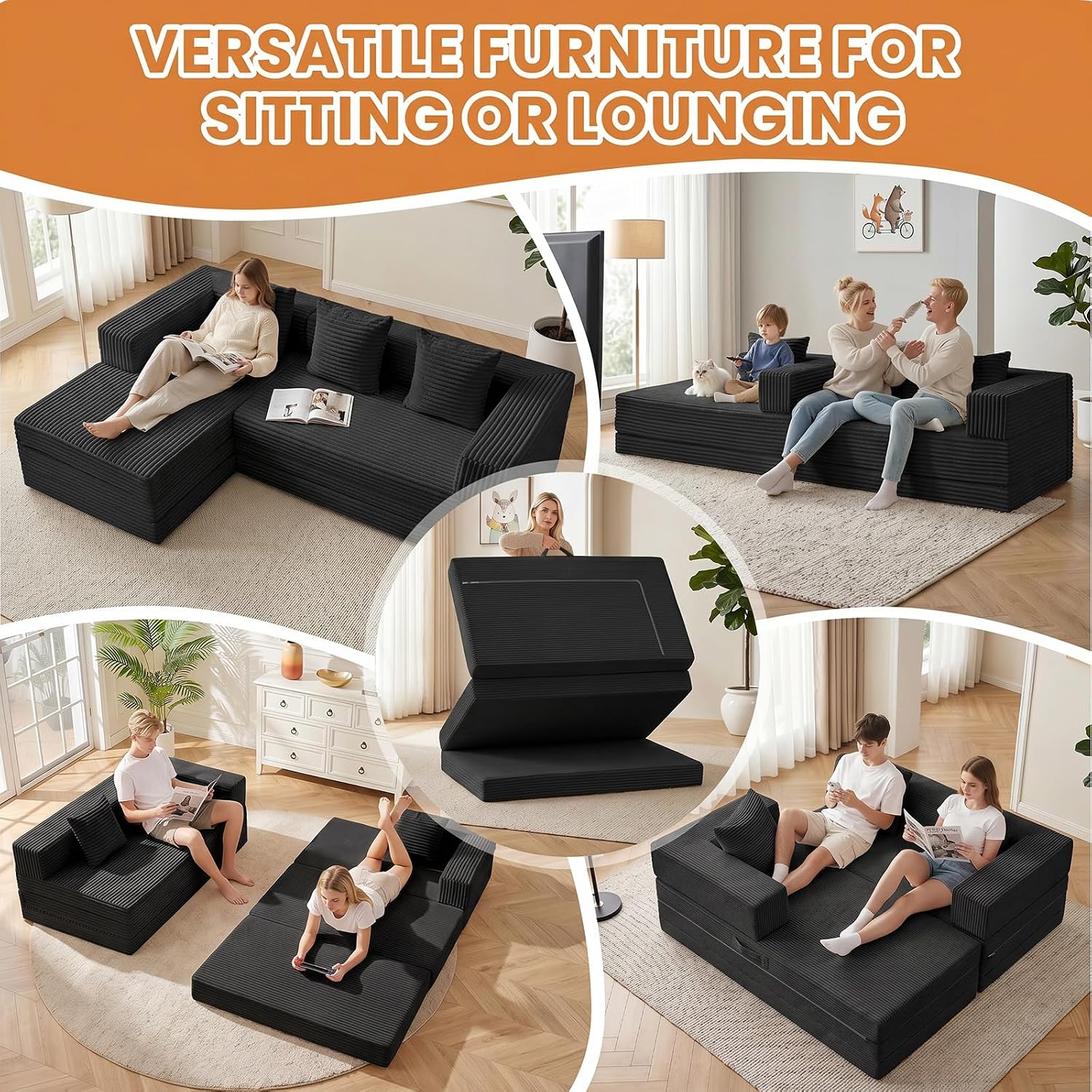 79" Modular Sectional Sofa, Convertible Sleeper Sofa Bed, Modern Tri-Folding Cloud Couch with L-Shape Chaise, Corduroy Futon for Living Room Small Spaces Apartment, No Assembly