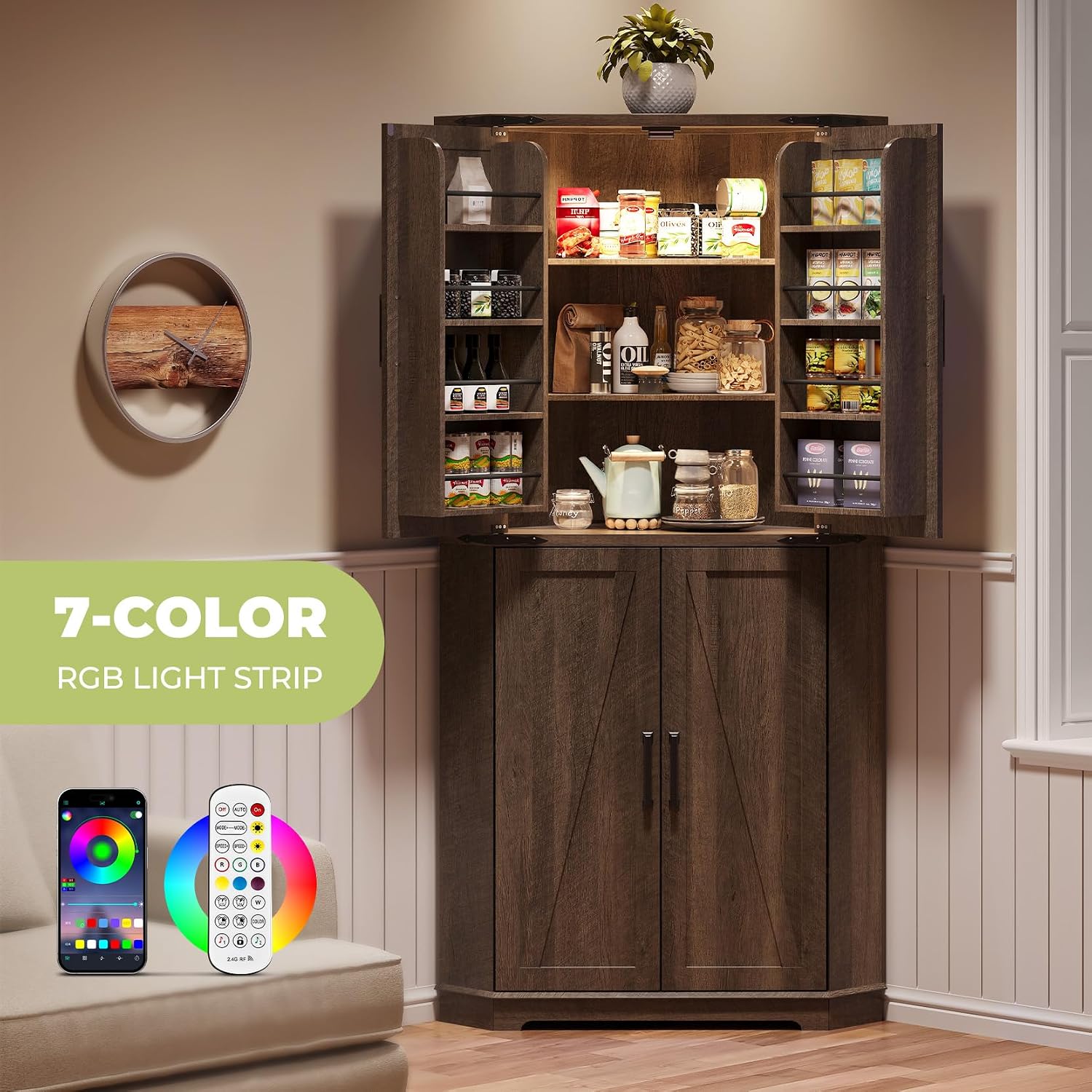 Dripex 71" Corner Cabinet Brown, Farmhouse Kitchen Pantry Cabinet with Doors Storage & Adjustable Shelves, Tall Corner Storage Cabinet with LED Light, Food Pantry for Living Room, Dining Room