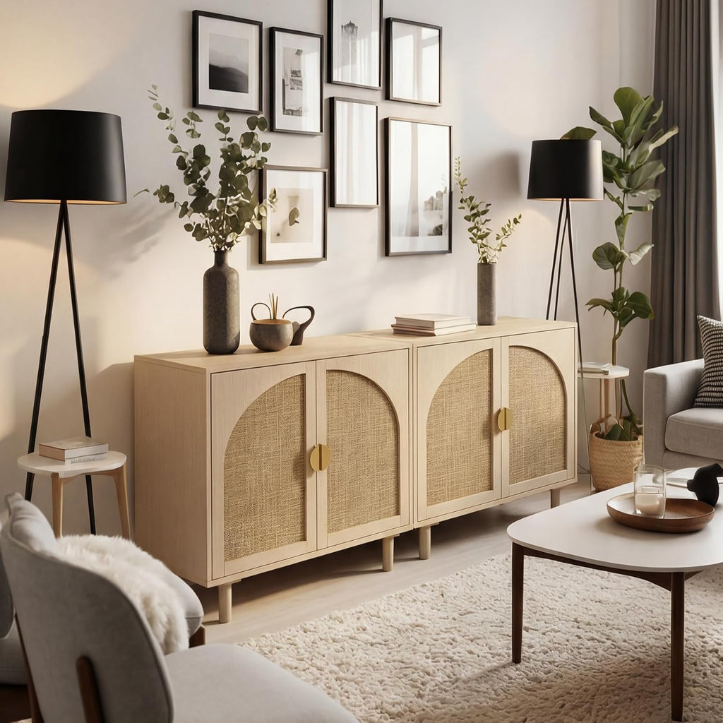 Rattan Cabinet, Storage Sideboard with 2 Doors, Beige Boho Buffet with Adjustable Shelf, Premium Wood Credenza. [Beige, 1pc]