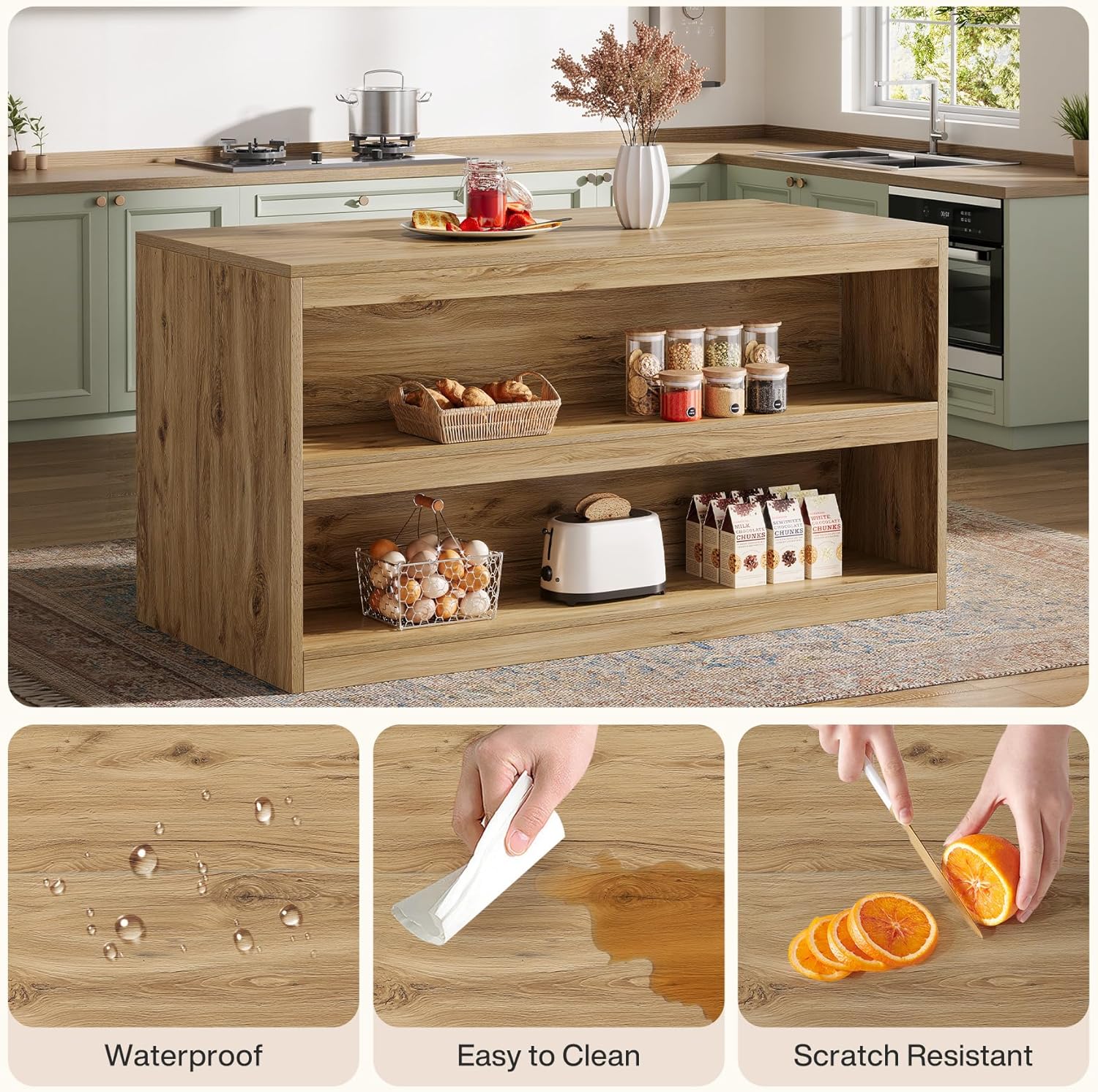 Tribesigns 59-Inch Kitchen Island with Storage, 3-Tier Farmhouse Stationary Island Table with Large Worktop & Seating Area, Rectangular Breakfast Counter for Kitchen, Dining Room, Light Wood