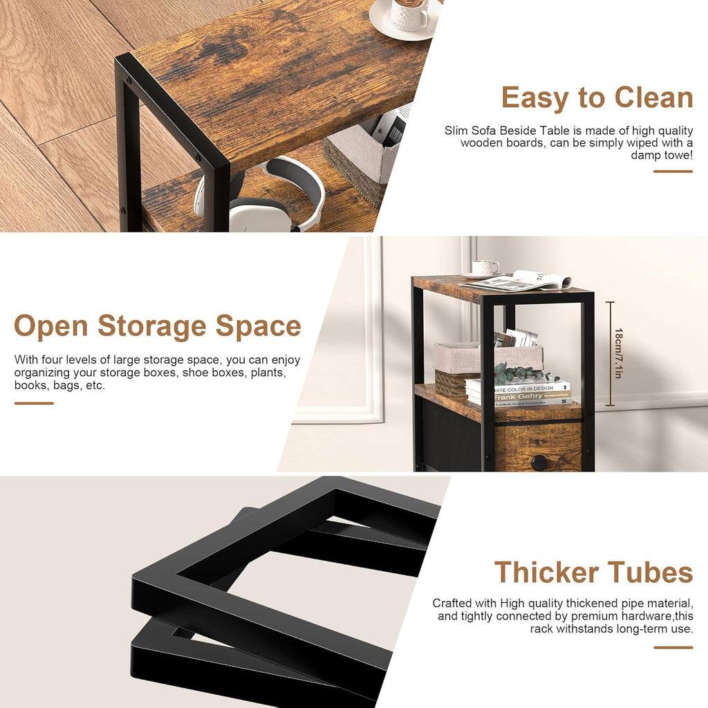 Small Narrow Side Table with Drawers, Skinny End Table for Small Spaces, Slim Nightstand with Storage, sofa bedside Table in Living Room, Bedroom, Study, kitchen and Balcony (Rustic Brown)M-LBZ83B1V1