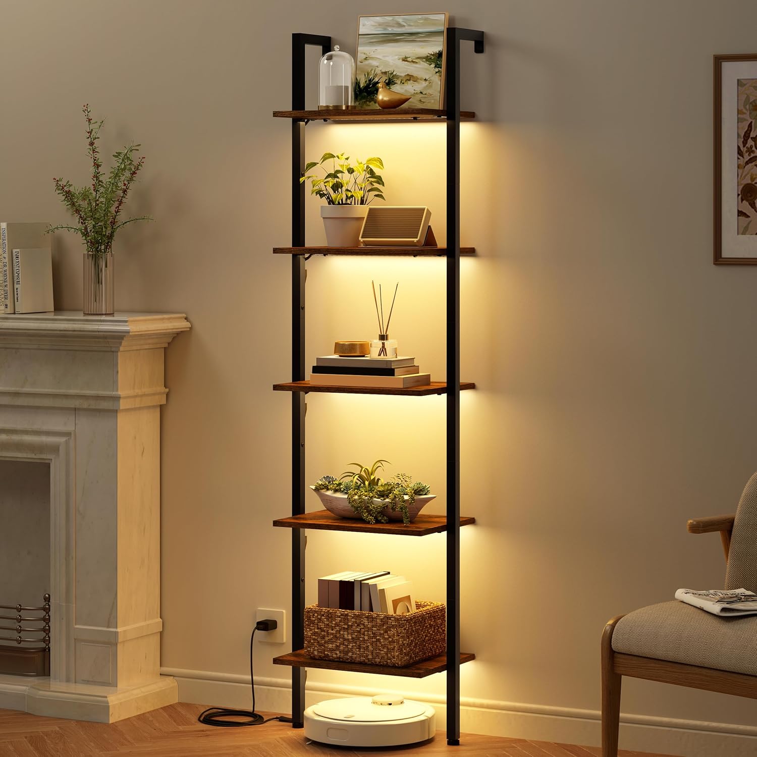 Tajsoon 5 Tier Ladder Bookshelf with Light, Wall Ladder Shelf Rustic Brown