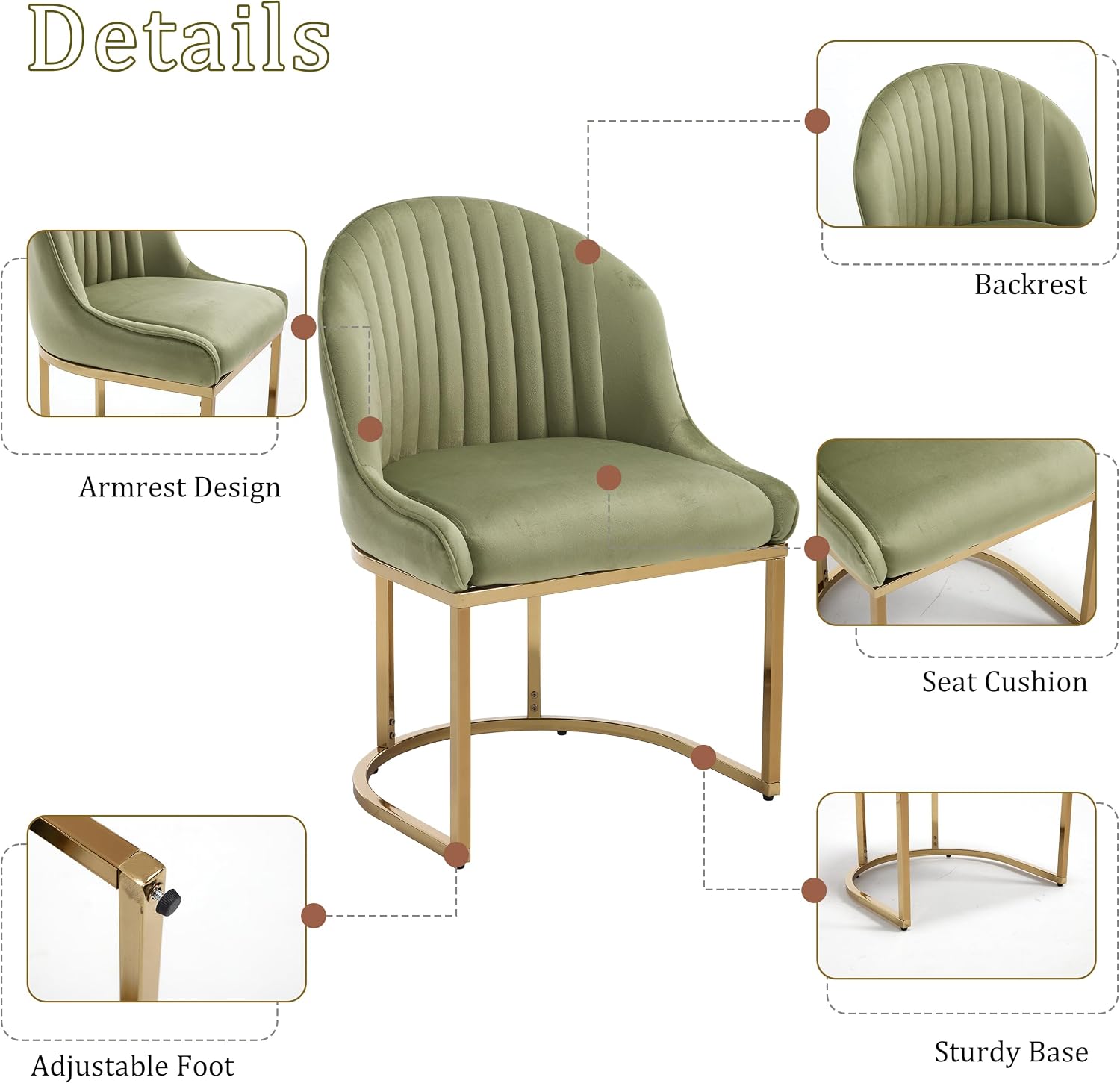 Velvet Dining Chairs Set of 2, Upholstered Dining Room Chairs with Silver Metal Legs, Modern Kitchen Side Chairs Reading Chair (Light Green+Golden, Set of 2)
