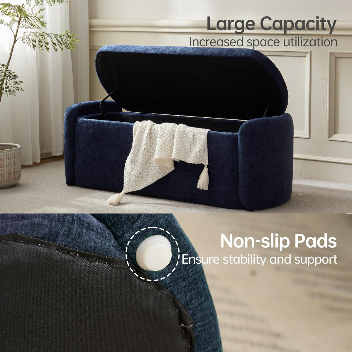 VKNOW Storage Bench, Upholstered Storage Ottoman Bench with Hinge, Navy | Ottoman Bench with Large Capacity, Curved Frame, Soft Fabric, Storage Bench for Bedroom, Living Room, Entryway, Window