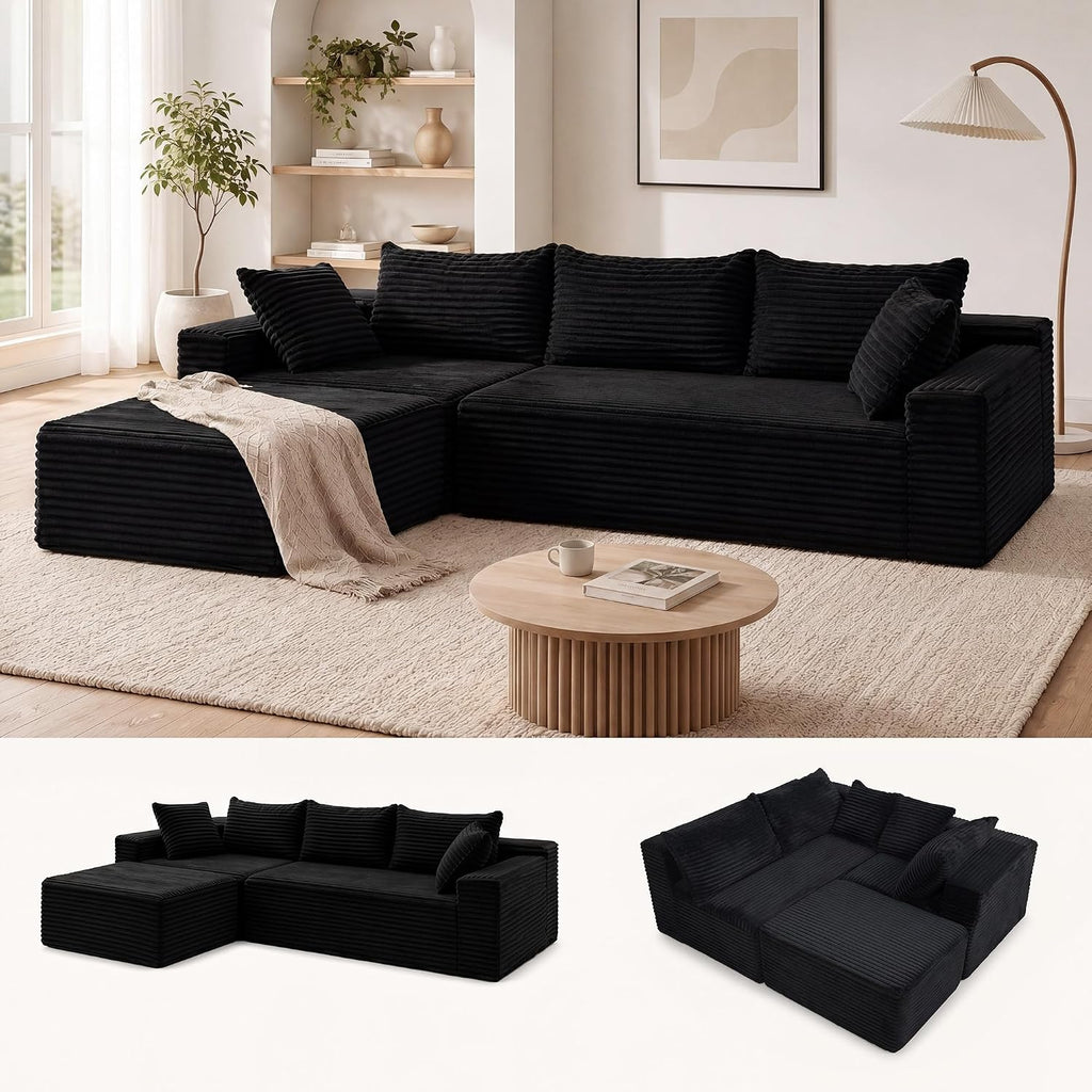 Claiks 94" Couch, L-Shape Corduroy Sectional Sofa, Black | Flexible Module Combination for Living Room, No Assembly, Deep Seat,Stain Resistant Abrasion, Apartment, Includes 1 Ottoman