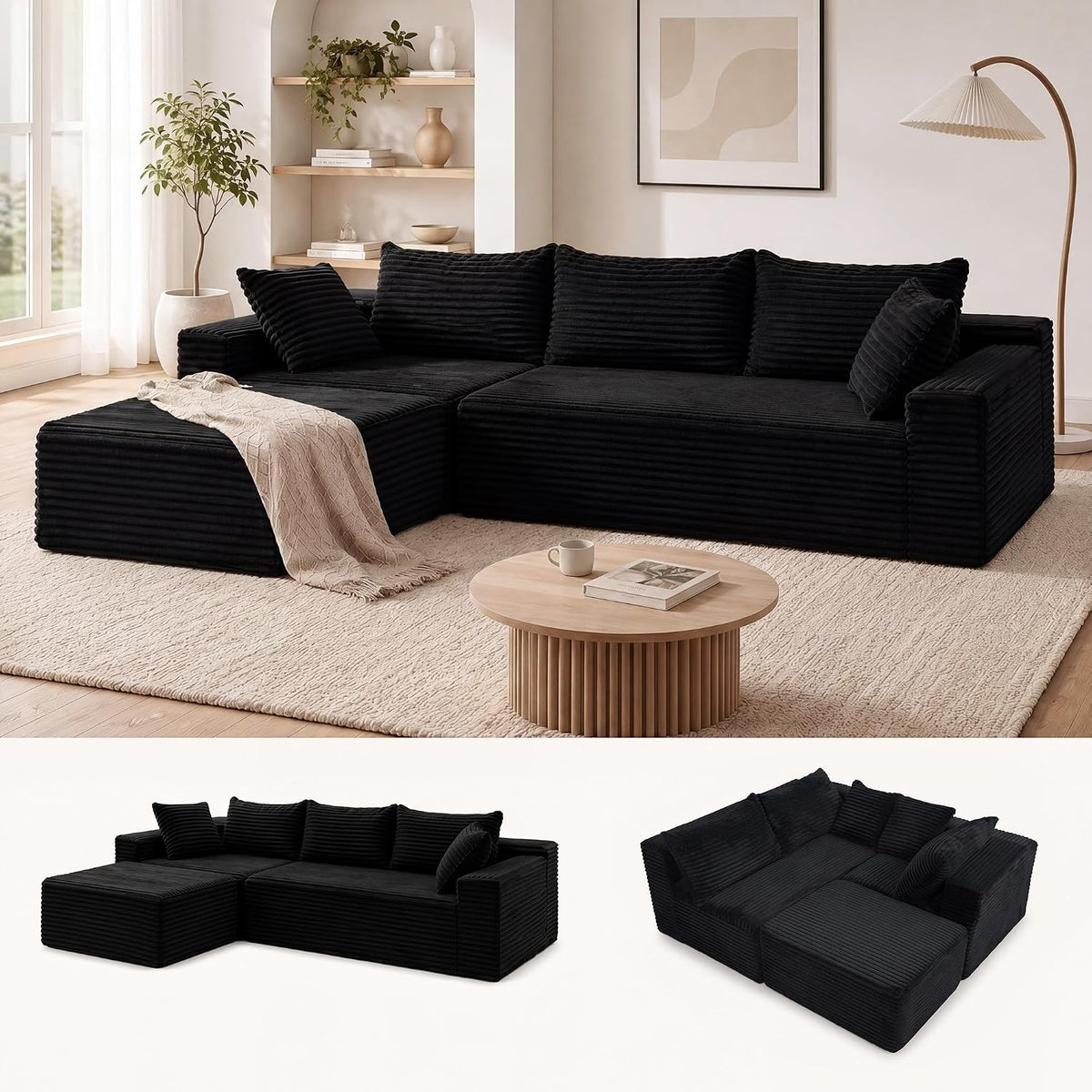 Claiks 94" Couch, L-Shape Corduroy Sectional Sofa, Black | Flexible Module Combination for Living Room, No Assembly, Deep Seat,Stain Resistant Abrasion, Apartment, Includes 1 Ottoman