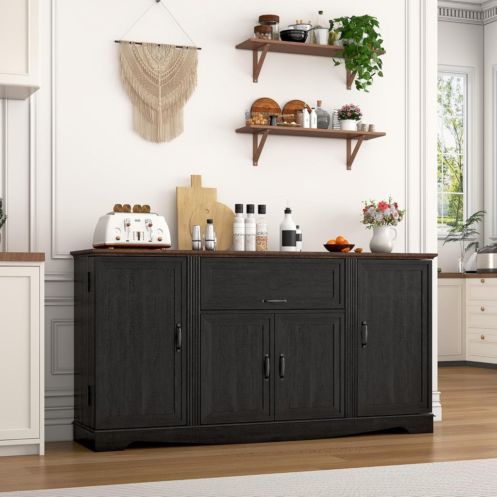 65" Sideboard Buffet Cabinet with Storage, Farmhouse Kitchen Pantries Sideboard Cabinets with Drawer, Wood Coffee Bar Cabinet with Adjustable Shelves, Storage Cabinets for Kitchen, Black