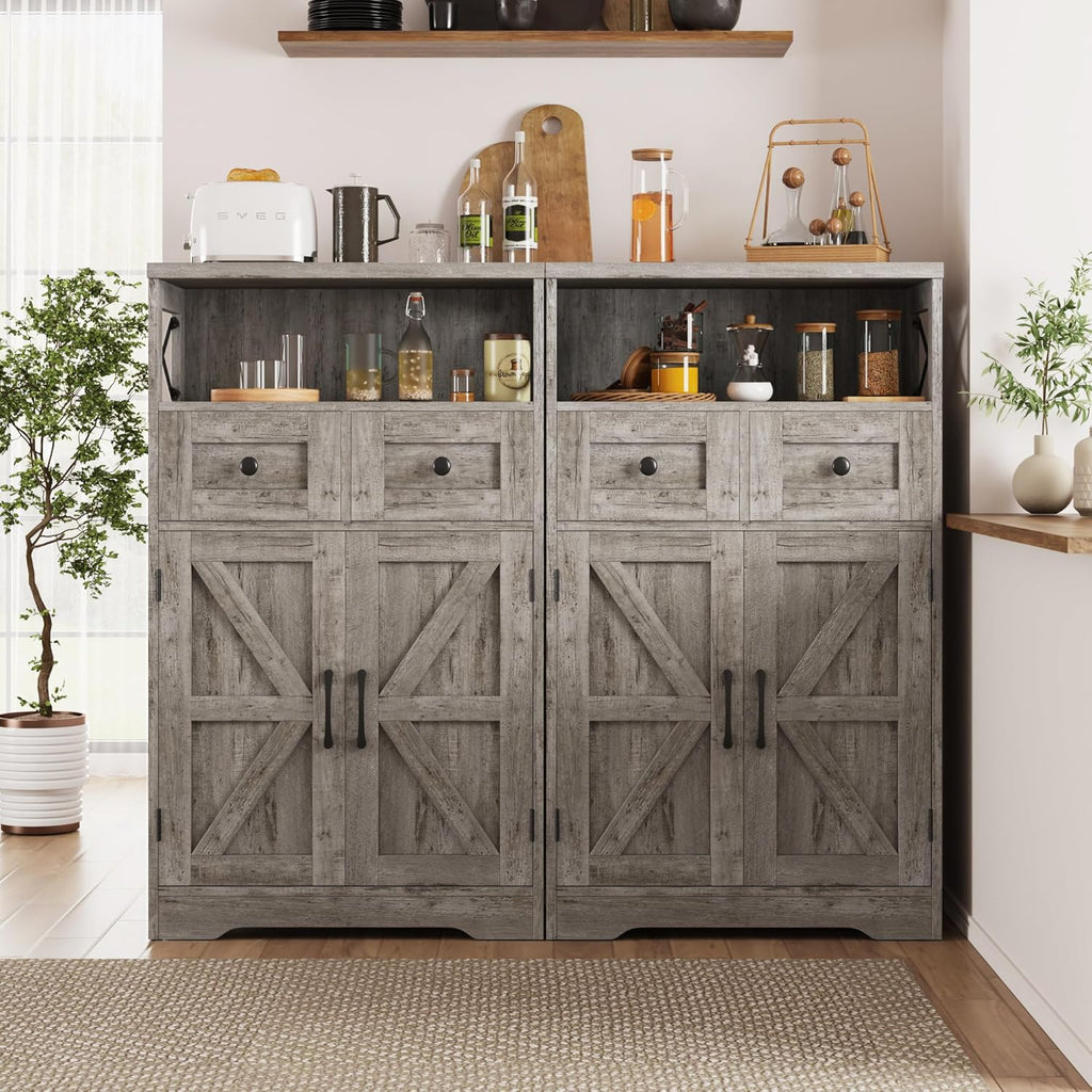FiveWillowise Small Farmhouse Storage Cabinet with Barn Doors, Farmhouse Kitchen Pantry Cabinet, Tall Coffee Bar with Storage, Hutch Cupboard for Kitchen, Laundry, Living Room, Washed Grey