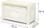 Bruno Handmade 32 Inch Rattan Wicker Chest Storage Trunk Organizer Ottoman W/Cushion White Color