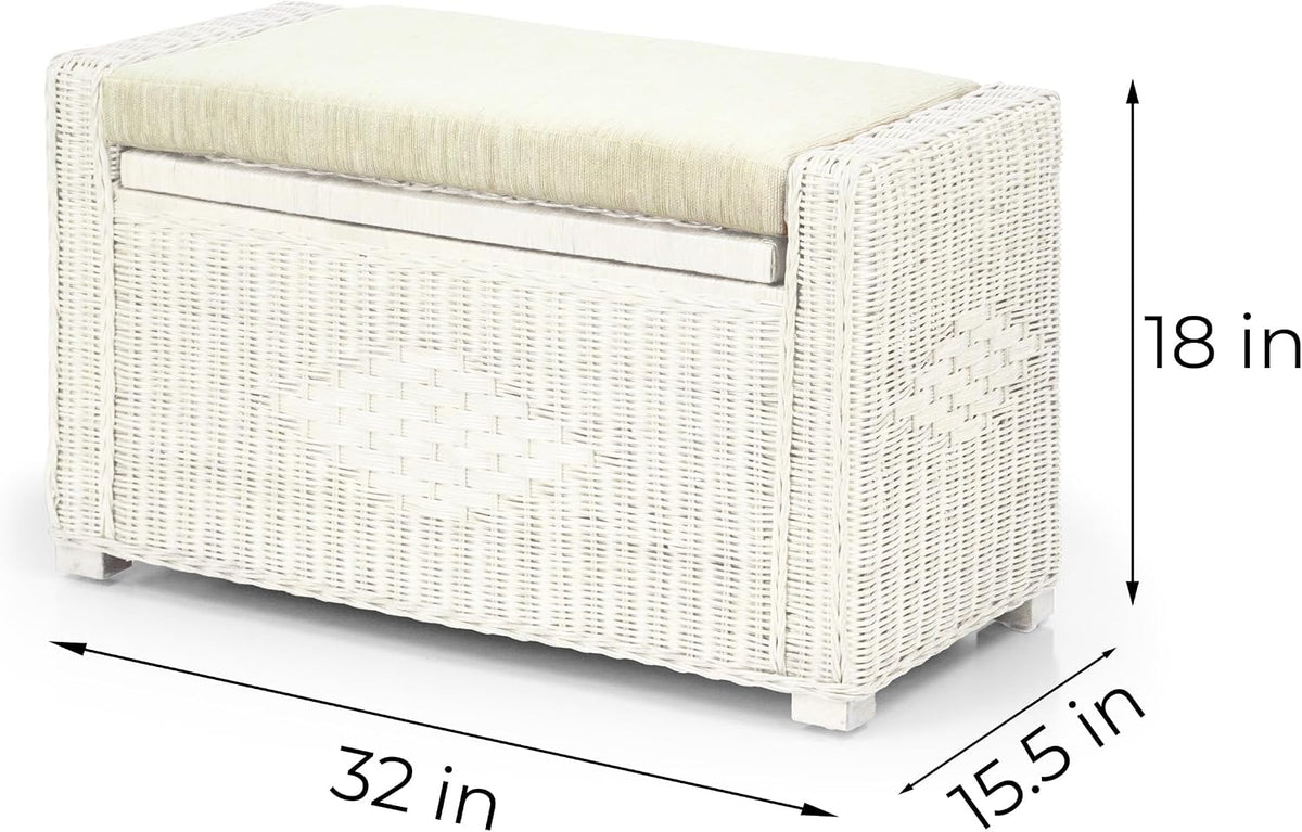 Bruno Handmade 32 Inch Rattan Wicker Chest Storage Trunk Organizer Ottoman W/Cushion White Color