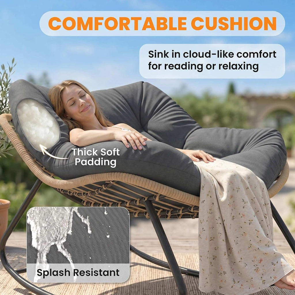 Outsunny Papasan Rocking Chair, Wicker Oversized Indoor Outdoor Rocking Papasan Chair with Cushion, PE Rattan Outdoor Rocker Egg Chairs for Living Room, Garden, Patio, Balcony, Dark Gray