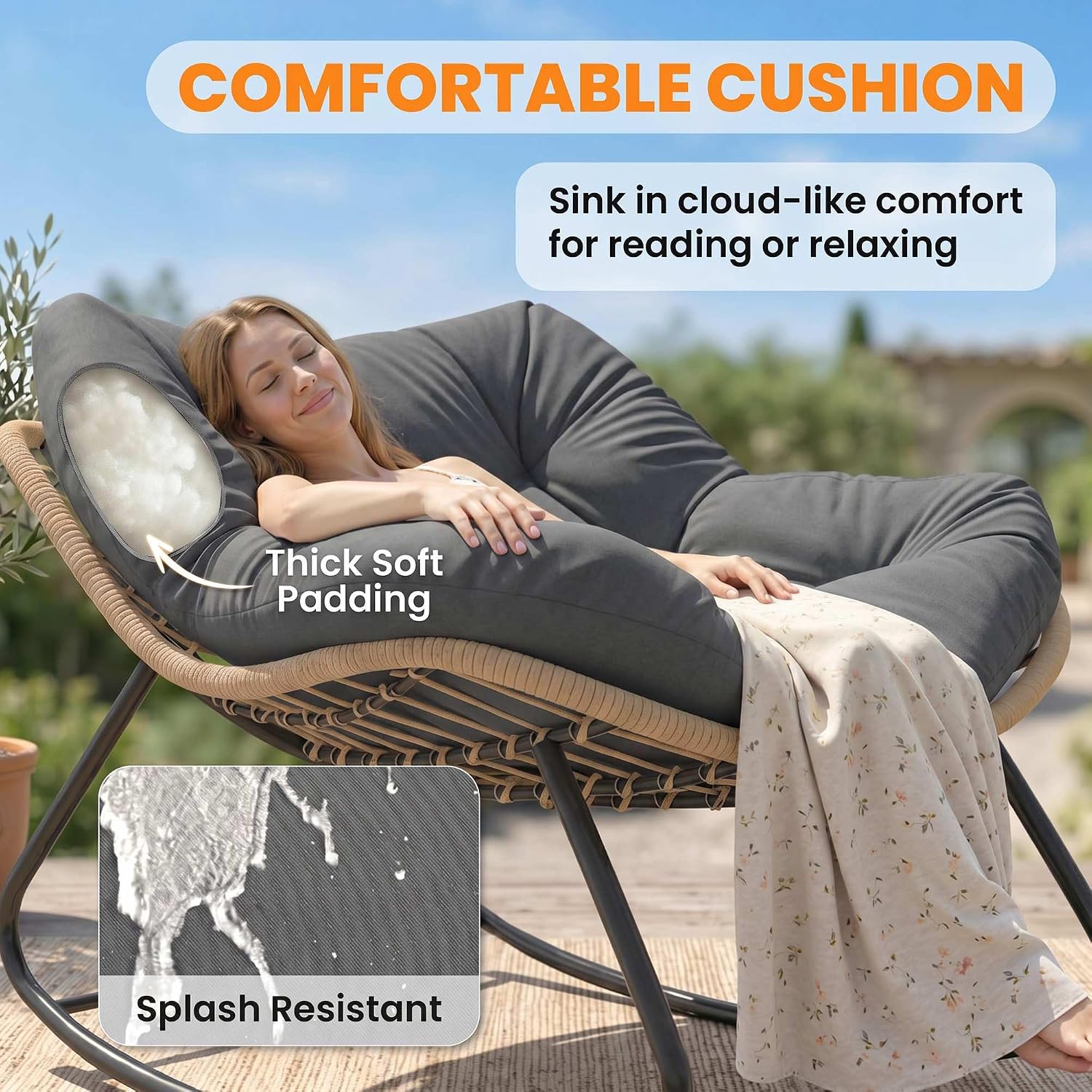 Outsunny Papasan Rocking Chair, Wicker Oversized Indoor Outdoor Rocking Papasan Chair with Cushion, PE Rattan Outdoor Rocker Egg Chairs for Living Room, Garden, Patio, Balcony, Dark Gray