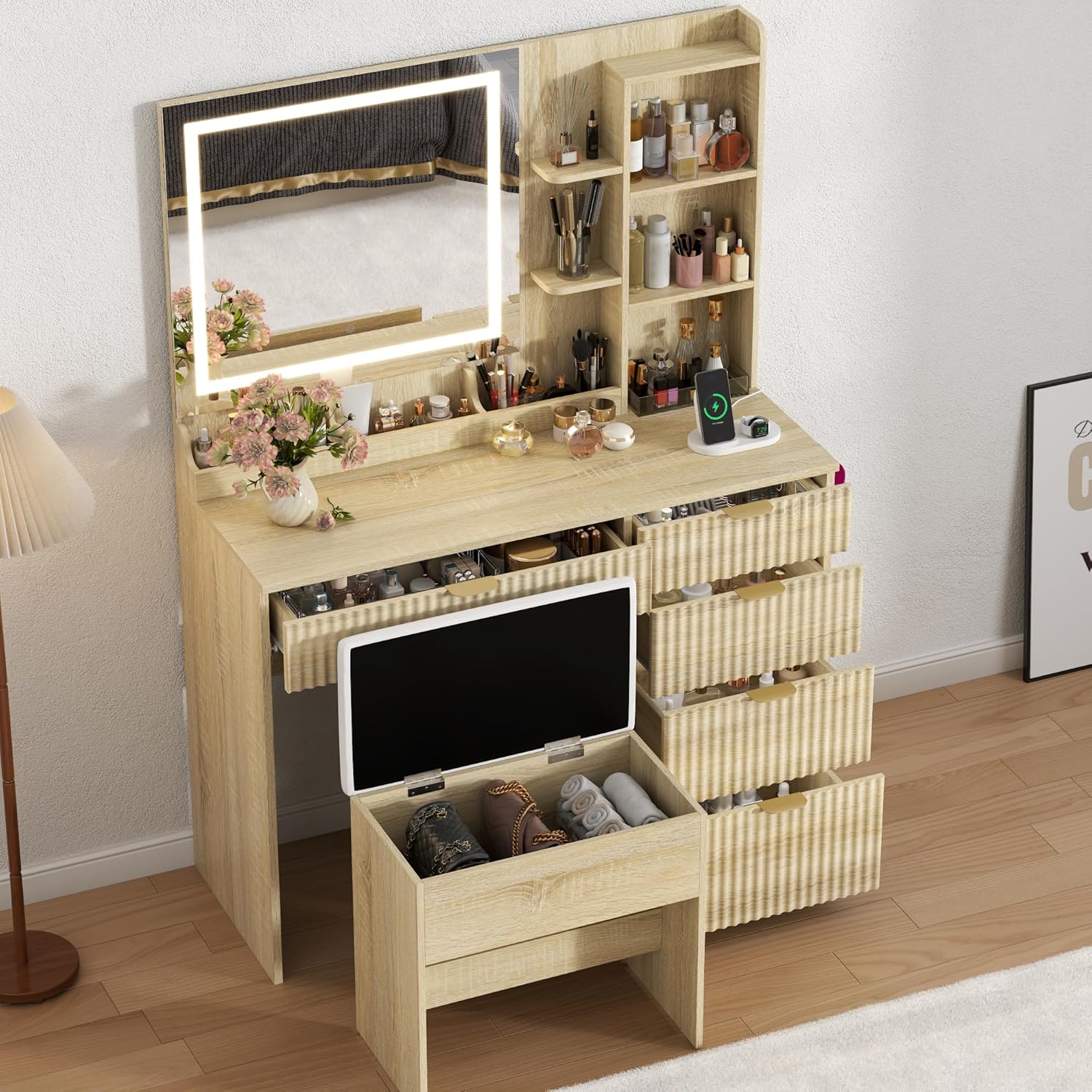 Fluted Vanity Desk with Hidden Storage Stool and Large Mirror, 5 Drawers | Makeup Vanity Table withCharging Station,3 Lighting Modes & Adjustable shelf, Dressing Table for Women Girls Bedroom, Oak