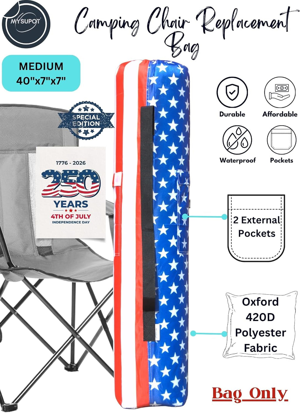 Replacement Bag for Folding Camping Chair, Portable Camp Chair, Hammock, Yoga Mat, Umbrella, Tents, Tripods, Fishing Poles - 420D Oxford Polyester Fabric