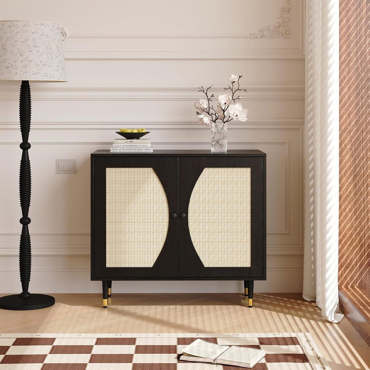 4ever2buy Rattan Buffet Cabinet with Storage, Black Sideboard Cabinet with Rattan Decor Doors, Buffet Table with Storage, Black Console Table with Adjustable Shelves, Living Room Cabinets