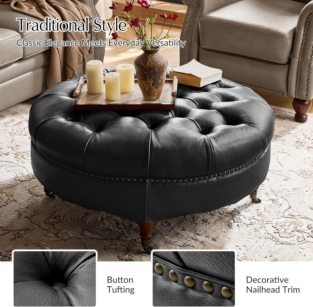 HULALA HOME 40" Genuine Leather Coffee Table, Large Round Button Tufted Coffee Table with Rolling Wheels, Solid Wood Legs, Nailhead Trim, Upholstered Ottoman Seating for Living Room, Black