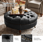 HULALA HOME 40" Genuine Leather Coffee Table, Large Round Button Tufted Coffee Table with Rolling Wheels, Solid Wood Legs, Nailhead Trim, Upholstered Ottoman Seating for Living Room, Black