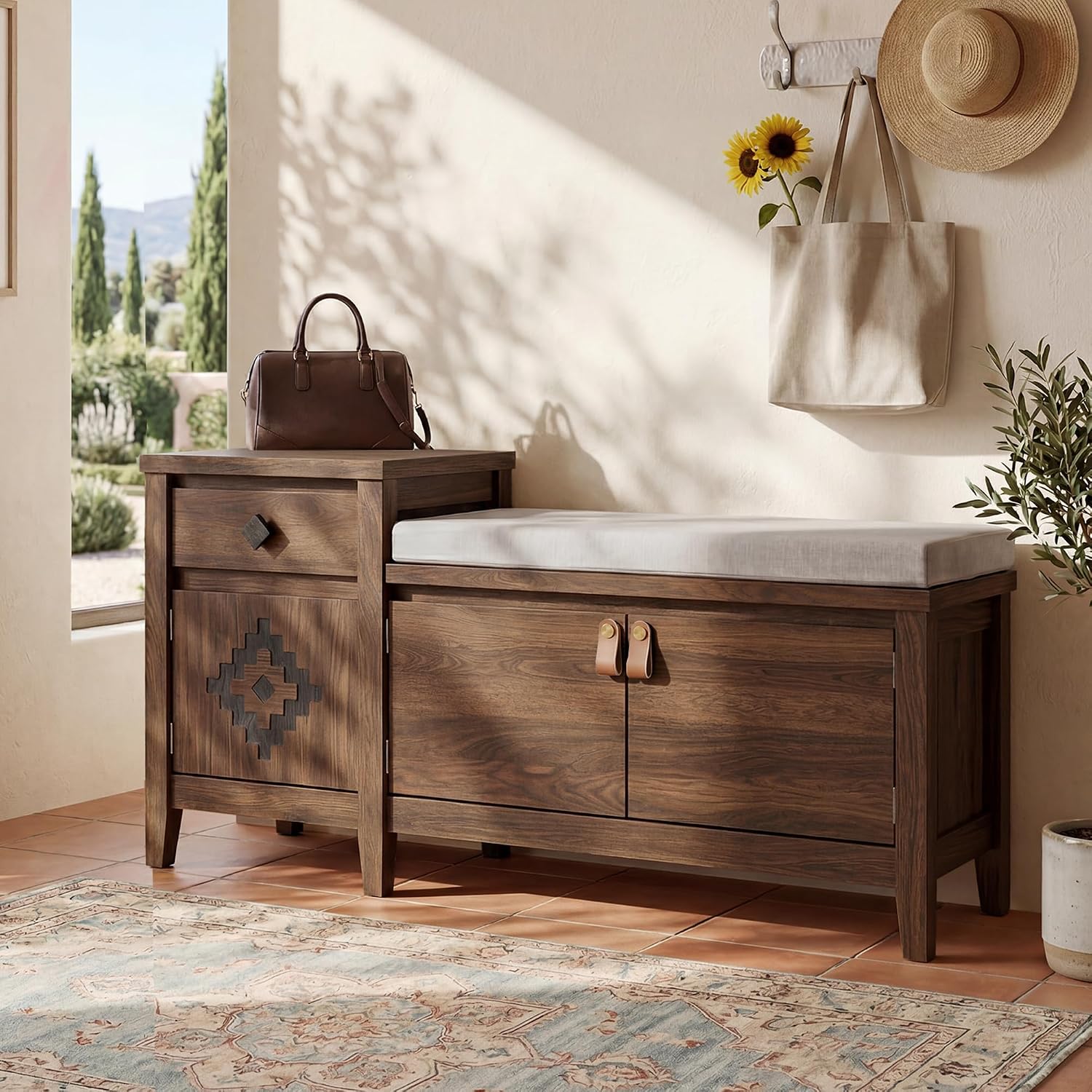 Entryway Bench with Storage, 3 in 1 Storage Bench with 1 Drawer and 2 Cubbies, 44" Rustic Wooden Seat with Cushion for Living Room, Bedroom, Entry Hall (Walnut)