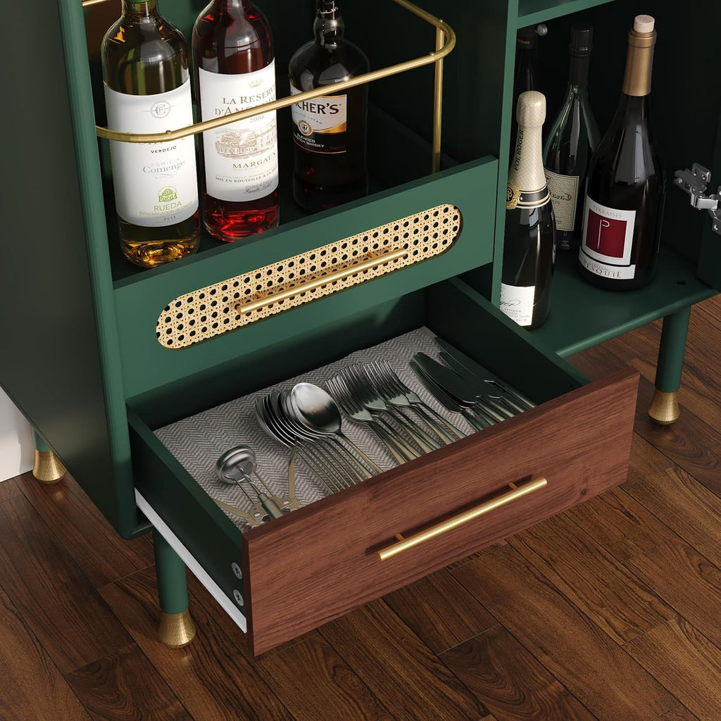 ARTPOWER Modern Coffee Bar Cabinet with Pull-Out Wine Storage, Green | Bar Cart with Wine Glass Rack and Drawers, Liquor Cabinet for Kitchen, Dining Room, Living Room