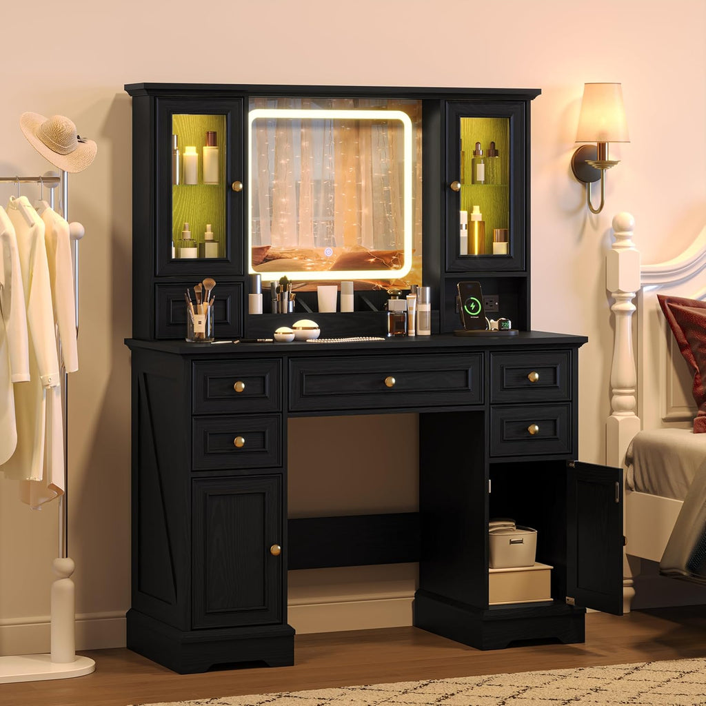 HUANLEGO Farmhouse Makeup Vanity Desk with Mirror and LED Lights, Black | Vanity Mirror with Lights Desk for Women, Makeup Table Set with RGB Cabinet and 6 Drawers, Charging Station, 3 Light Modes