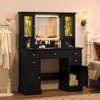 HUANLEGO Farmhouse Makeup Vanity Desk with Mirror and LED Lights, Black | Vanity Mirror with Lights Desk for Women, Makeup Table Set with RGB Cabinet and 6 Drawers, Charging Station, 3 Light Modes