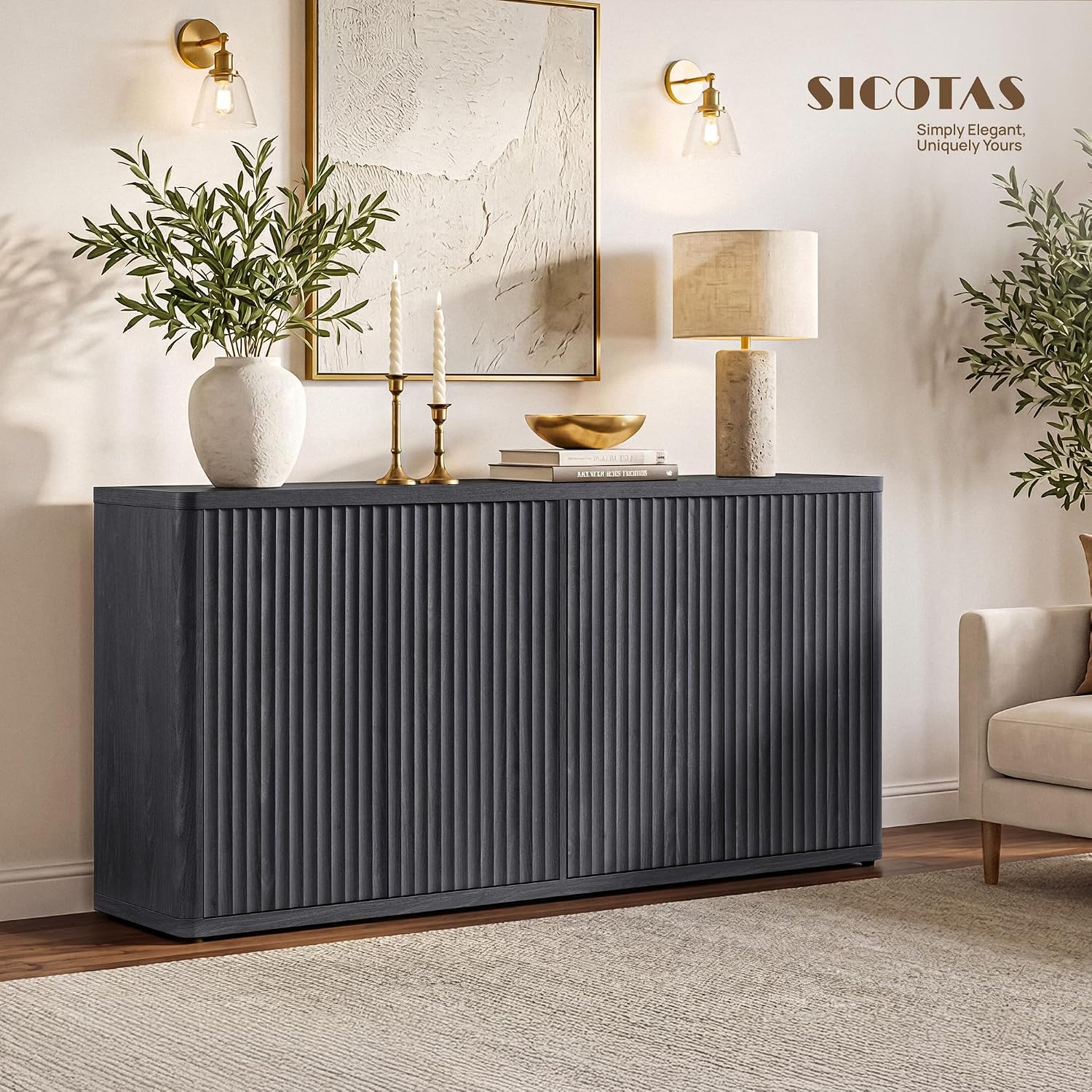SICOTAS Buffet Cabinet with Storage Accent Sideboard with 4 Doors 66.3" Wide Fluted Credenza Modern Buffet Table Media Console Cabinet Entryway Cabinets for Living Room Kitchen Dining Room Hallway