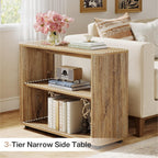 Tribesigns Narrow Side Table, 3-Tier End Table for Living Room, Small Fluted Nightstand with Storage Shelves, Farmhouse Bedside Table for Bedroom, Small Spaces, Sofa Couch, Natural