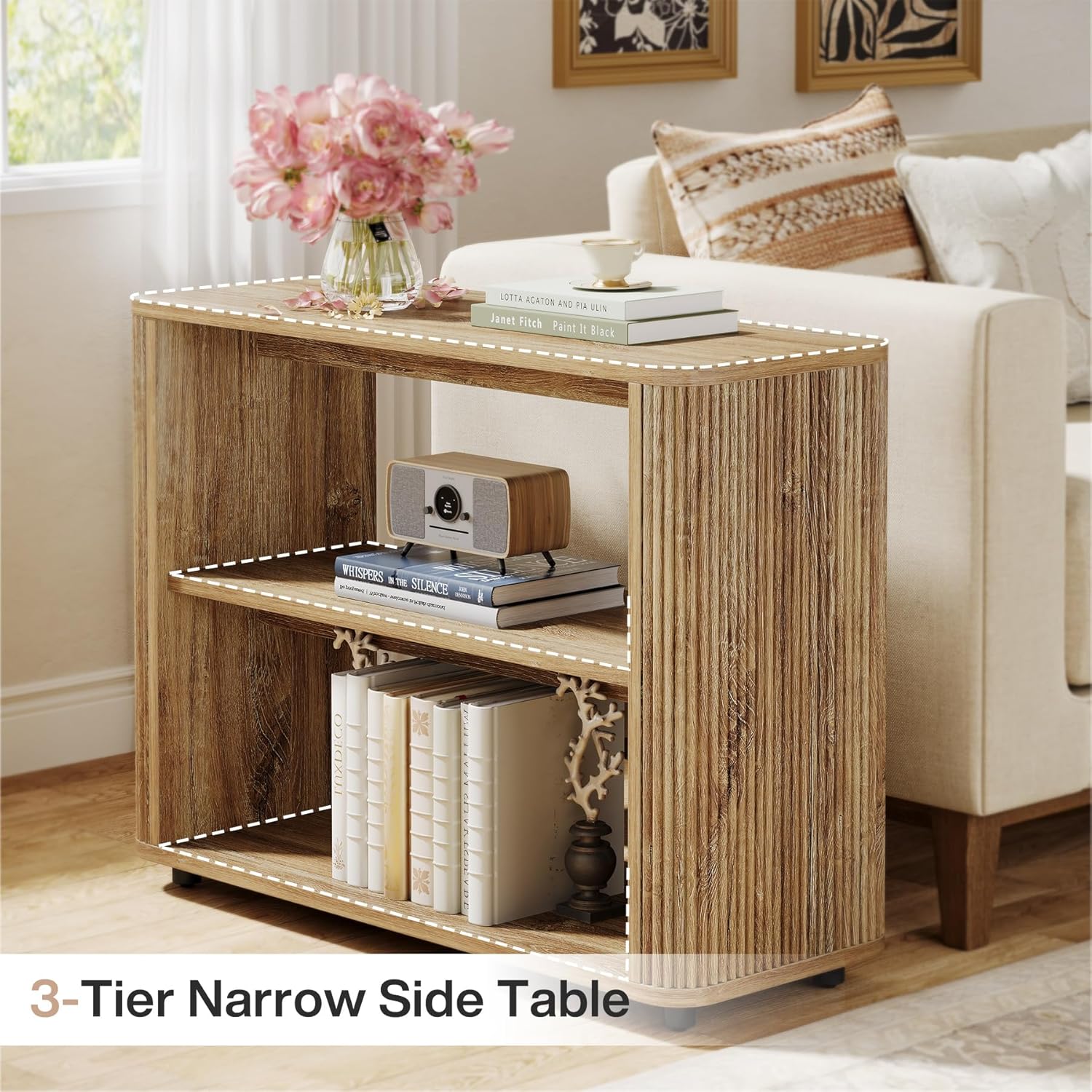 Tribesigns Narrow Side Table, 3-Tier End Table for Living Room, Small Fluted Nightstand with Storage Shelves, Farmhouse Bedside Table for Bedroom, Small Spaces, Sofa Couch, Natural