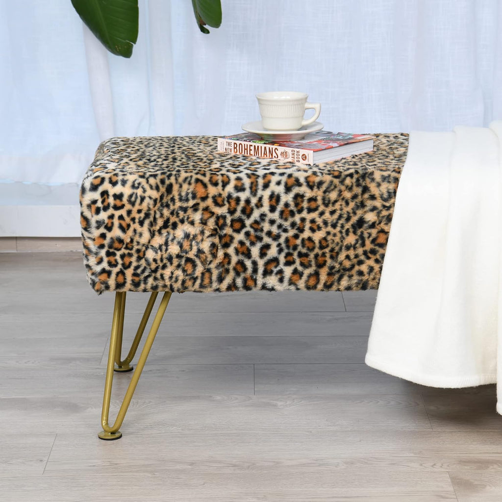 Leopard Print Rectangle Ottoman 46"x16"x17" Faux Fur Entryway Bench Footrest Stool Accent Seating Cheetah Furry Ottoman Bedroom Vanity End of Bed for Bathroom Living Room Decor