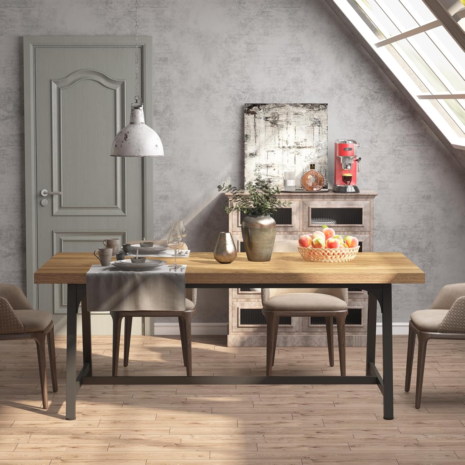 Tribesigns Dining Table for 8 People, 70.87-inch Rectangular Wood Kitchen Table with Strong Metal Frame, Vintage Large Long Dining Room Table for Big Family (Yellow Brown)