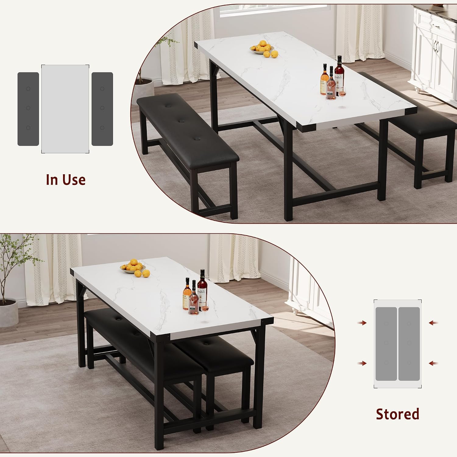 Garvee 63 in Extendable Dining Table Set for 4-6 People, 3-Piece Kitchen Table Set with 2 Upholstered Benches, Farmhouse Dining Room Table Set for Kitchen, Living Room, Apartment, Marble White